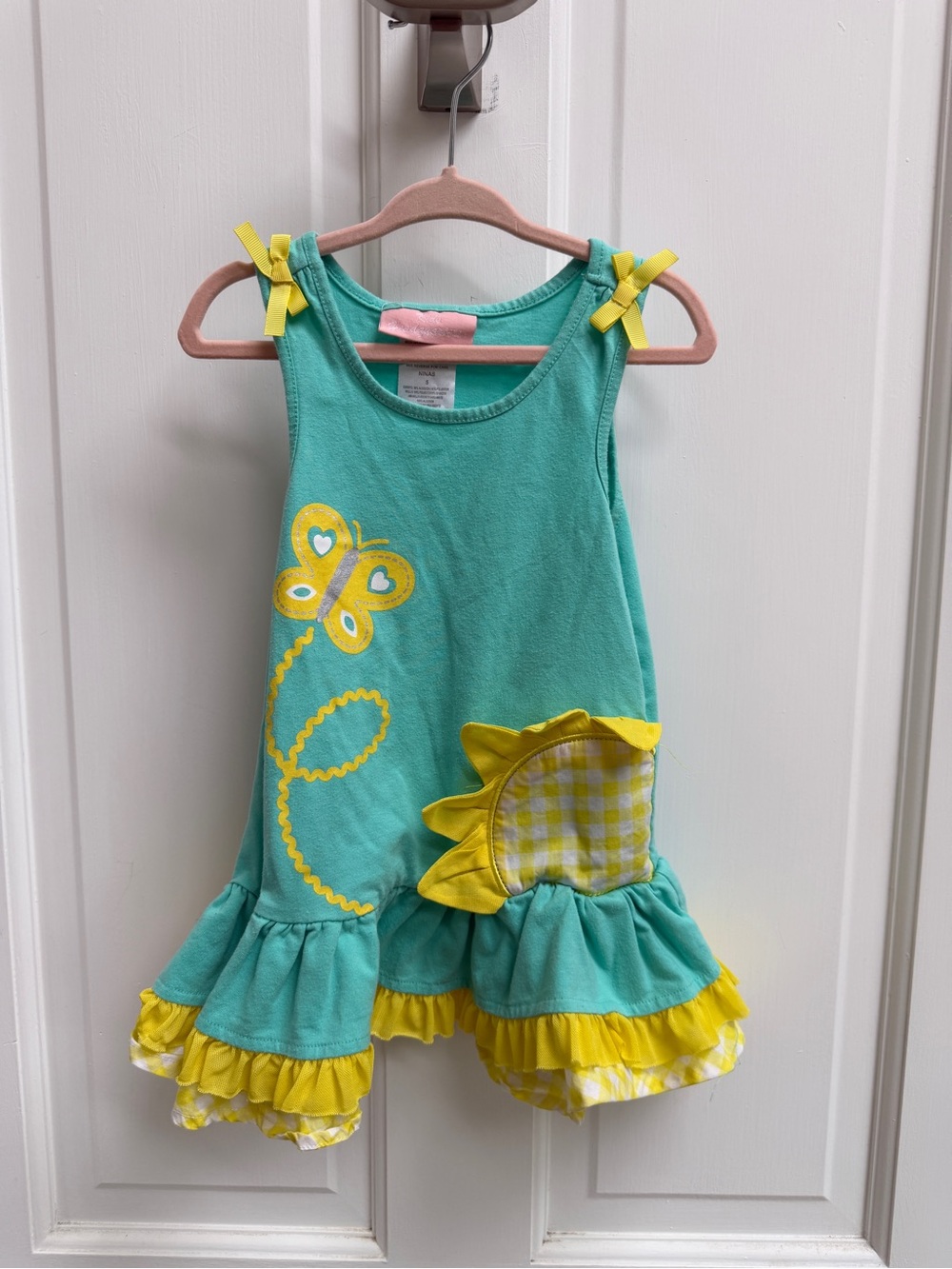 Kids Headquarters Girls 5 Teal Yellow Butterfly Sunflower Sleeveles Ruffle Dress